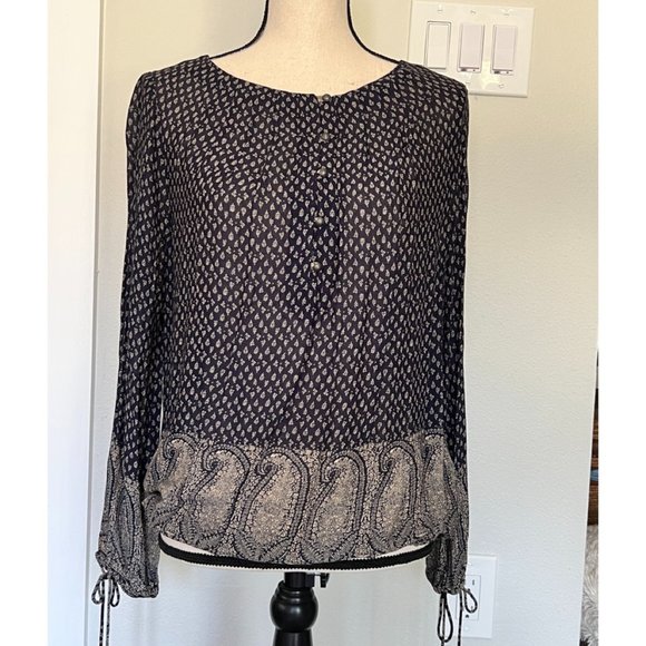 LUCKY BRAND Navy Print Button down Peasant Top - Picture 1 of 7
